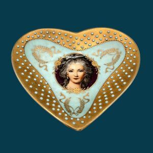 Vintage Heart-Shaped Trinket Vanity Dish Maiden Portrait Mint Green & Gold 4.5"